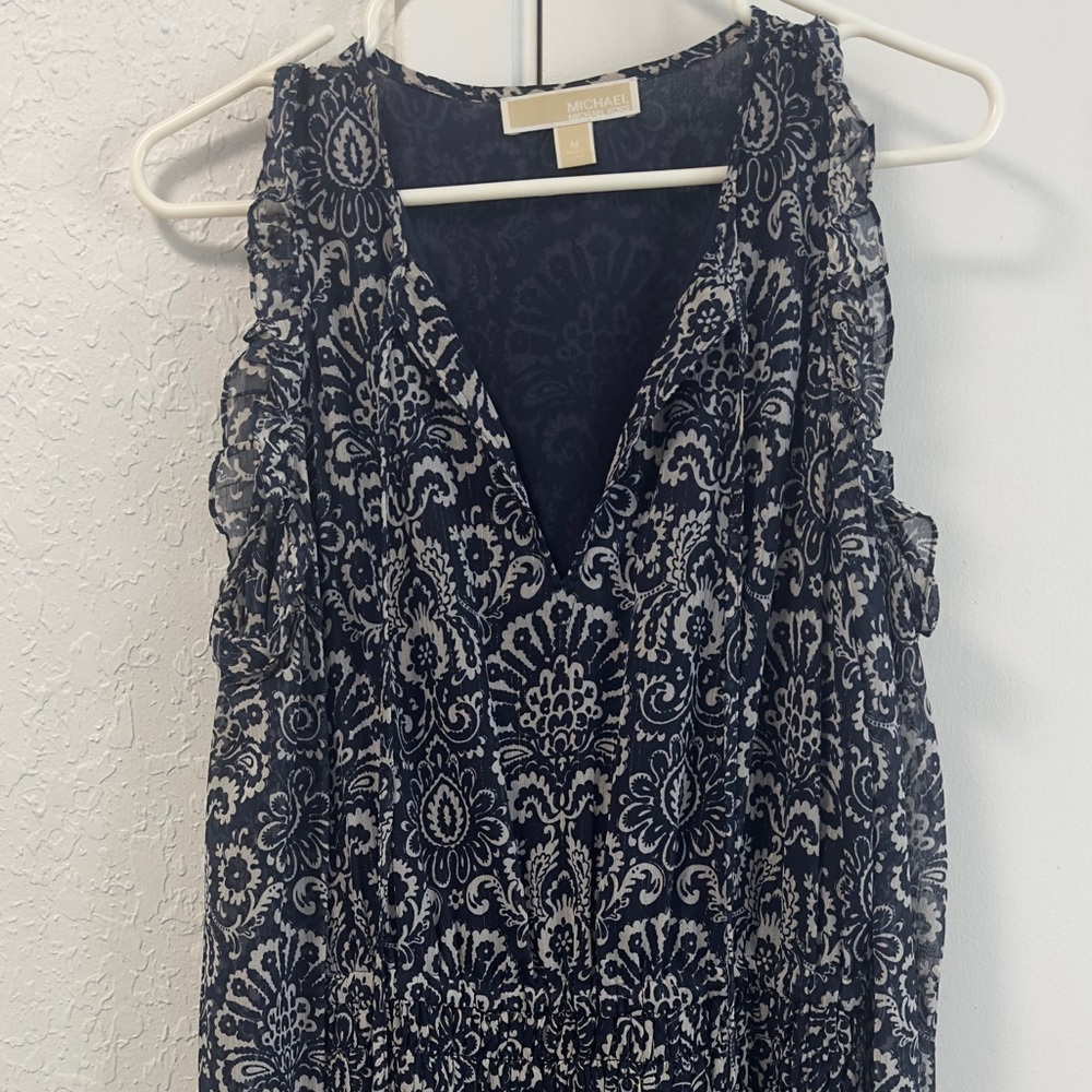 Michael Kors Blue Chiffon Cold Shoulder Gold Shimmer Dress